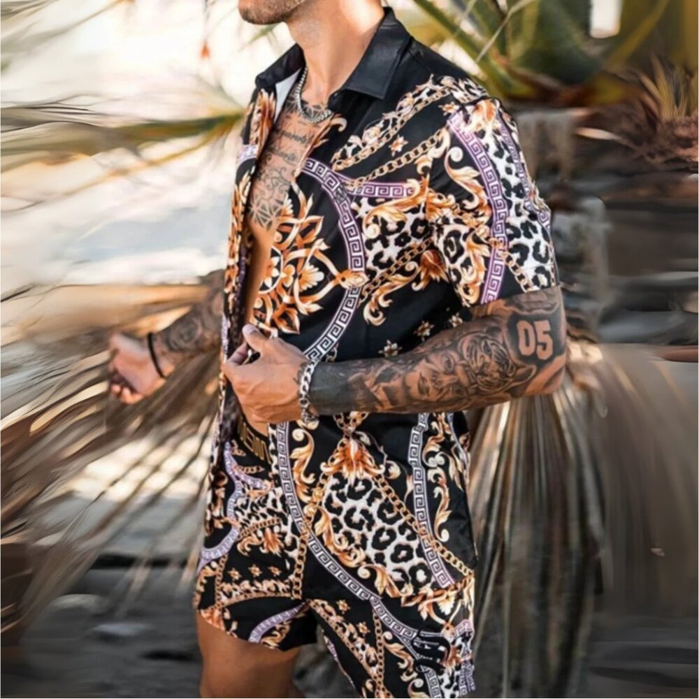 Men's Black & Gold Print Short Sleeve Top & Shorts Resort Outfit